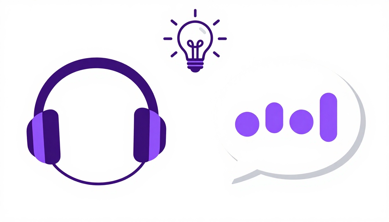 Headphones and magnifying glass over speech bubbles showing how listening builds English vocabulary