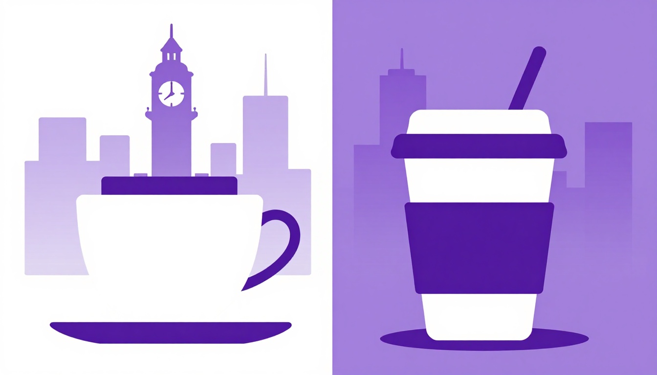 A teacup and a coffee cup with a London clock tower and a New York style skyline, British vs American English shows