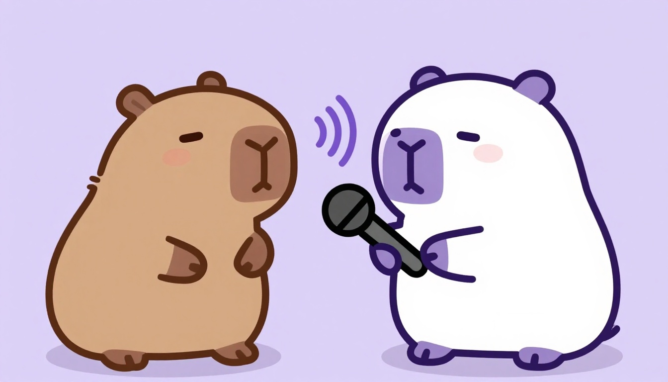 Capy the capybara beside a phone with sound waves, practicing speaking English out loud