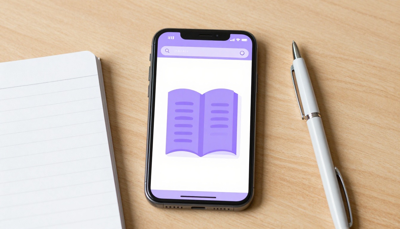 Um celular sobre uma mesa de madeira mostrando um aplicativo de leitura aberto, com um caderno de anotações ao lado