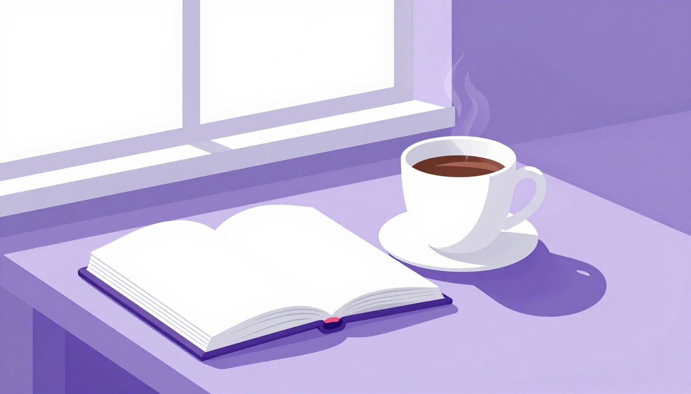 Um livro aberto sobre uma mesa perto de uma janela, com luz natural entrando e uma xícara de café ao lado