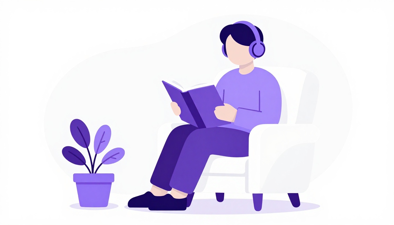 Uma pessoa sentada em uma poltrona lendo um livro, usando fones de ouvido, com uma planta ao lado