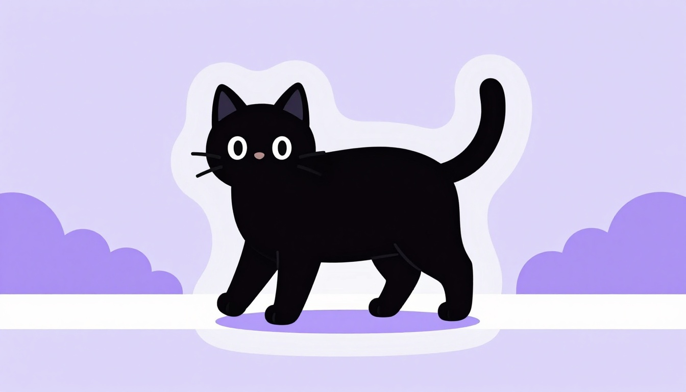A black cat crossing a path outdoors, illustrated in a simple flat style
