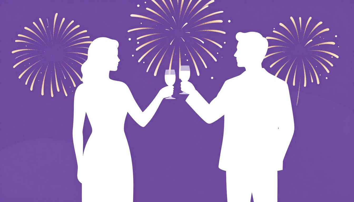 Two people at a New Year's Eve gathering wearing all white clothing under fireworks