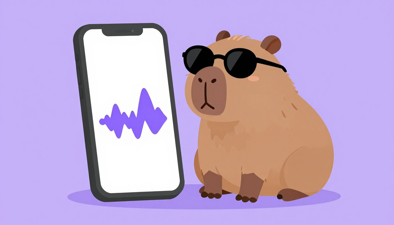 A capybara wearing a small pair of round sunglasses, sitting beside a smartphone showing a voice waveform