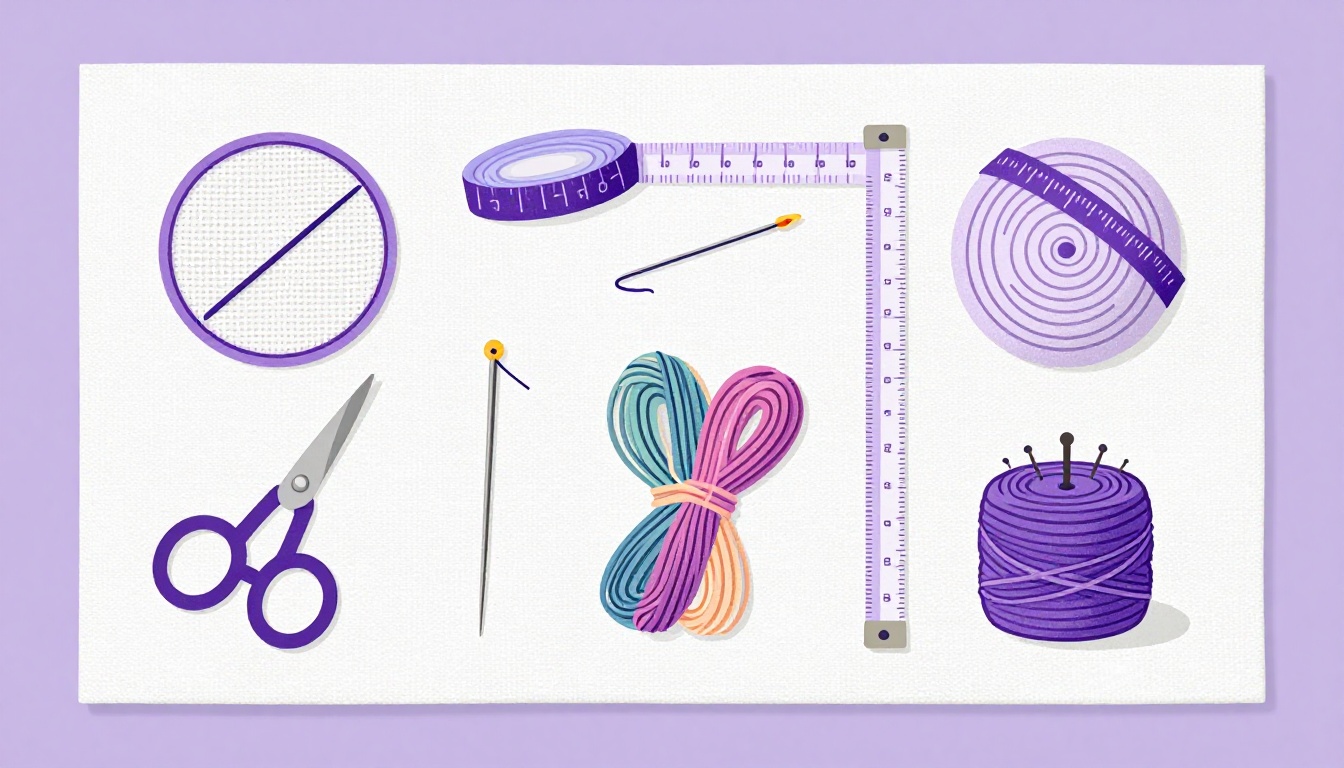 Flat lay com ferramentas de bordado: tesoura, agulha, meadas de linha e fita métrica sobre uma mesa