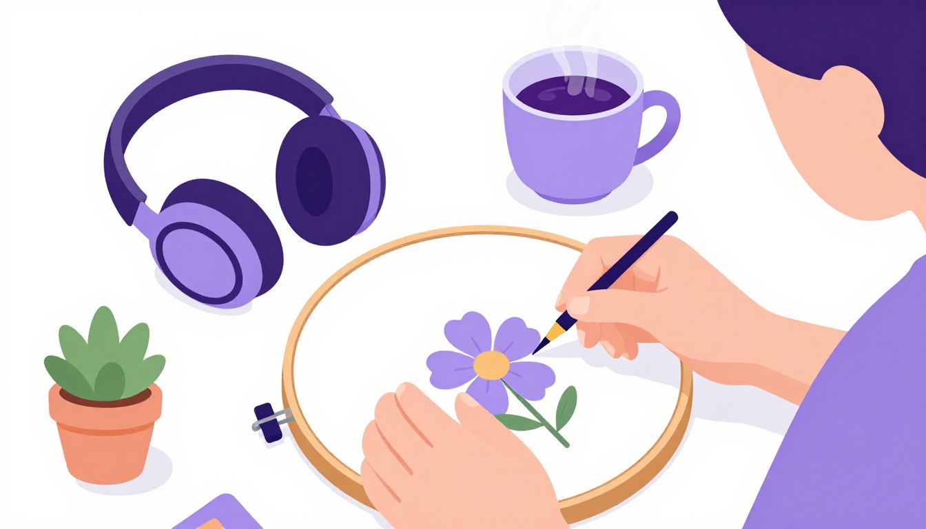 Pessoa bordando uma flor em um bastidor, com fones de ouvido e uma xícara de chá, praticando bordado em inglês em voz alta