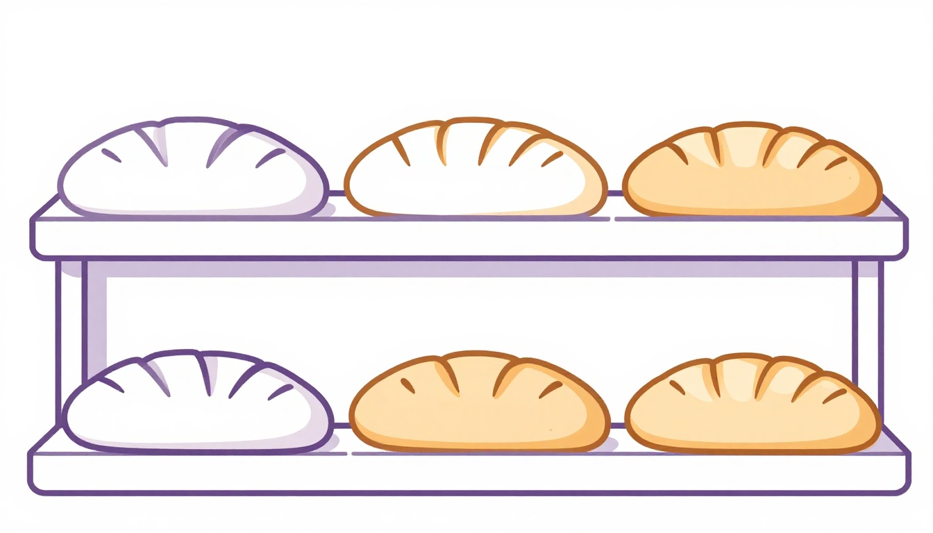A row of golden bread loaves and rolls arranged on wooden bakery shelves