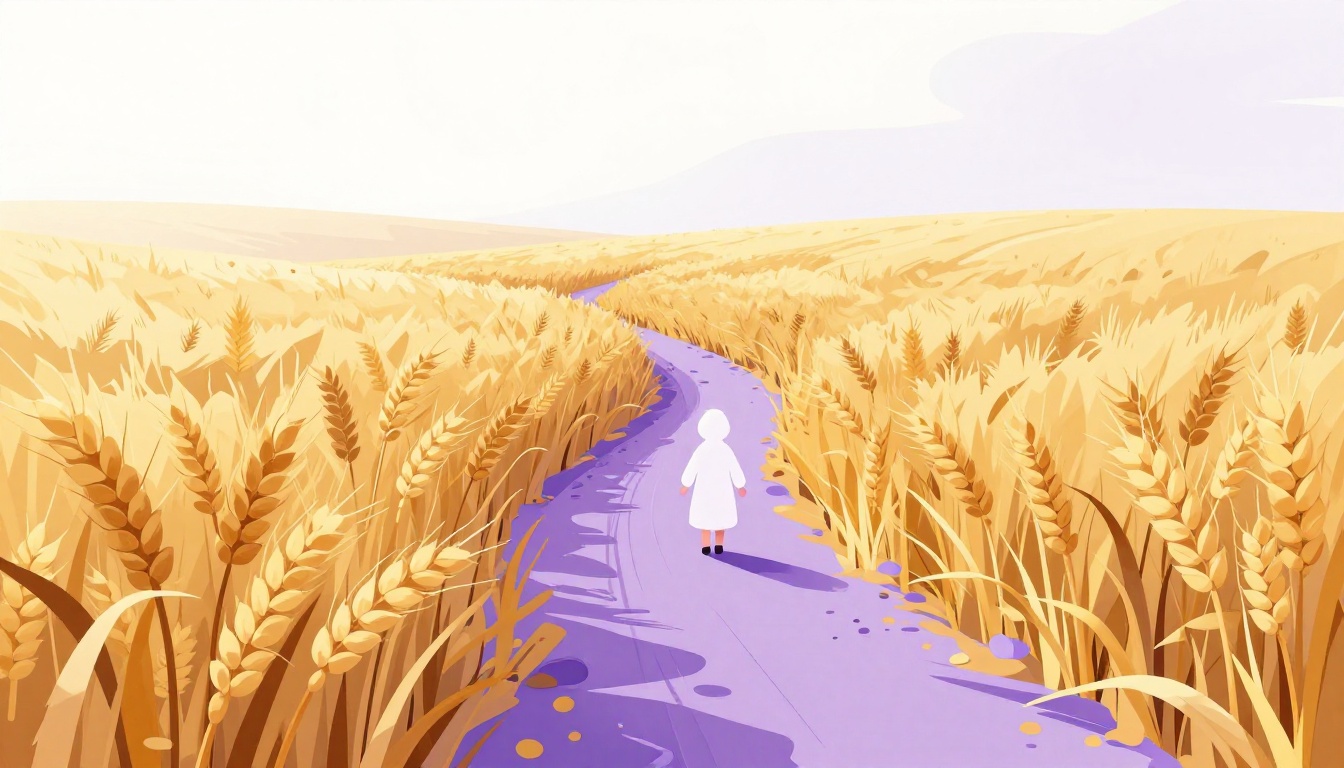A golden wheat field under soft morning light with a path running through it