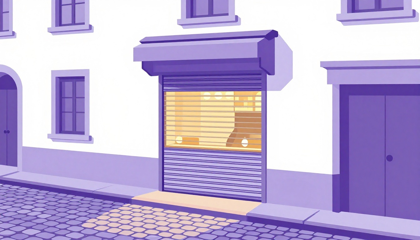A small bakery storefront at dawn with its shutter rolled halfway up and warm light glowing inside