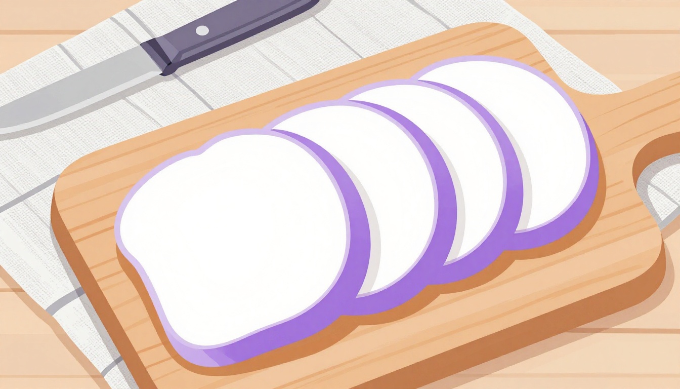 Fresh sliced bread on a wooden cutting board next to a knife and a linen cloth