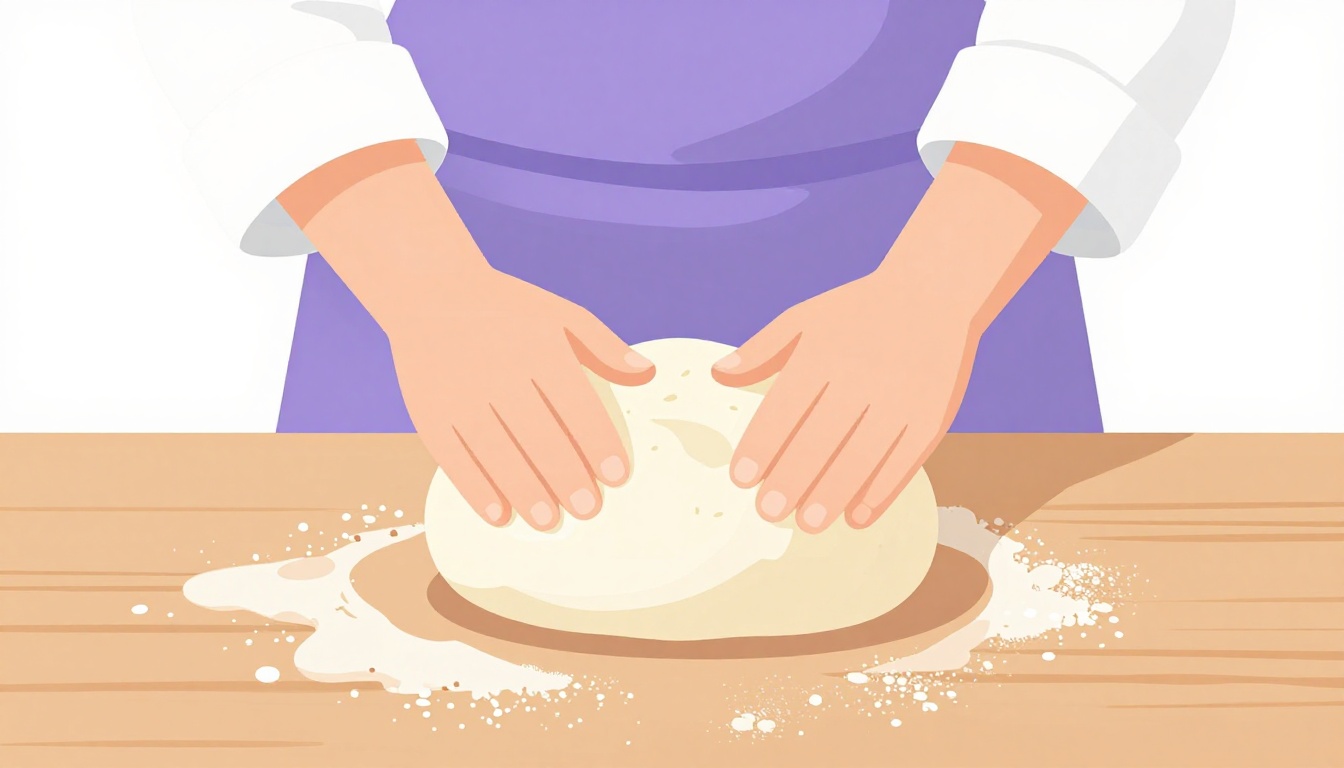 Hands kneading a ball of bread dough on a floured wooden countertop