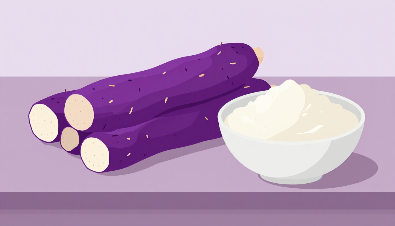 Raw cassava roots next to a bowl of pale starch flour on a kitchen counter