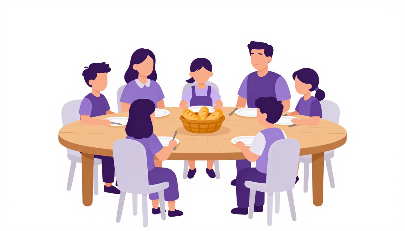 A family gathered around a wooden dinner table with a basket of bread at the center
