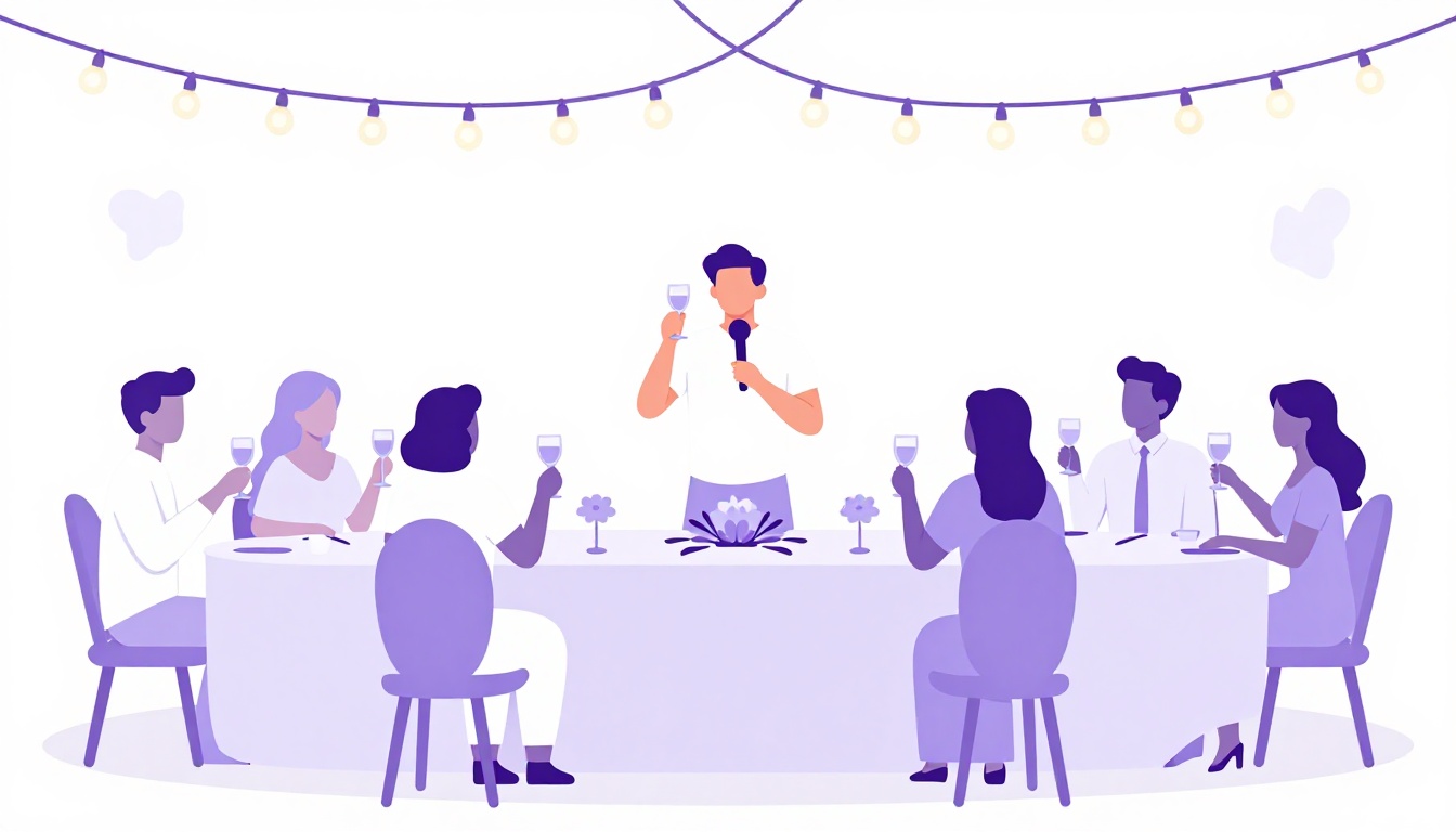 Mesa de casamento com um convidado fazendo um brinde ao microfone e convidados com taças erguidas