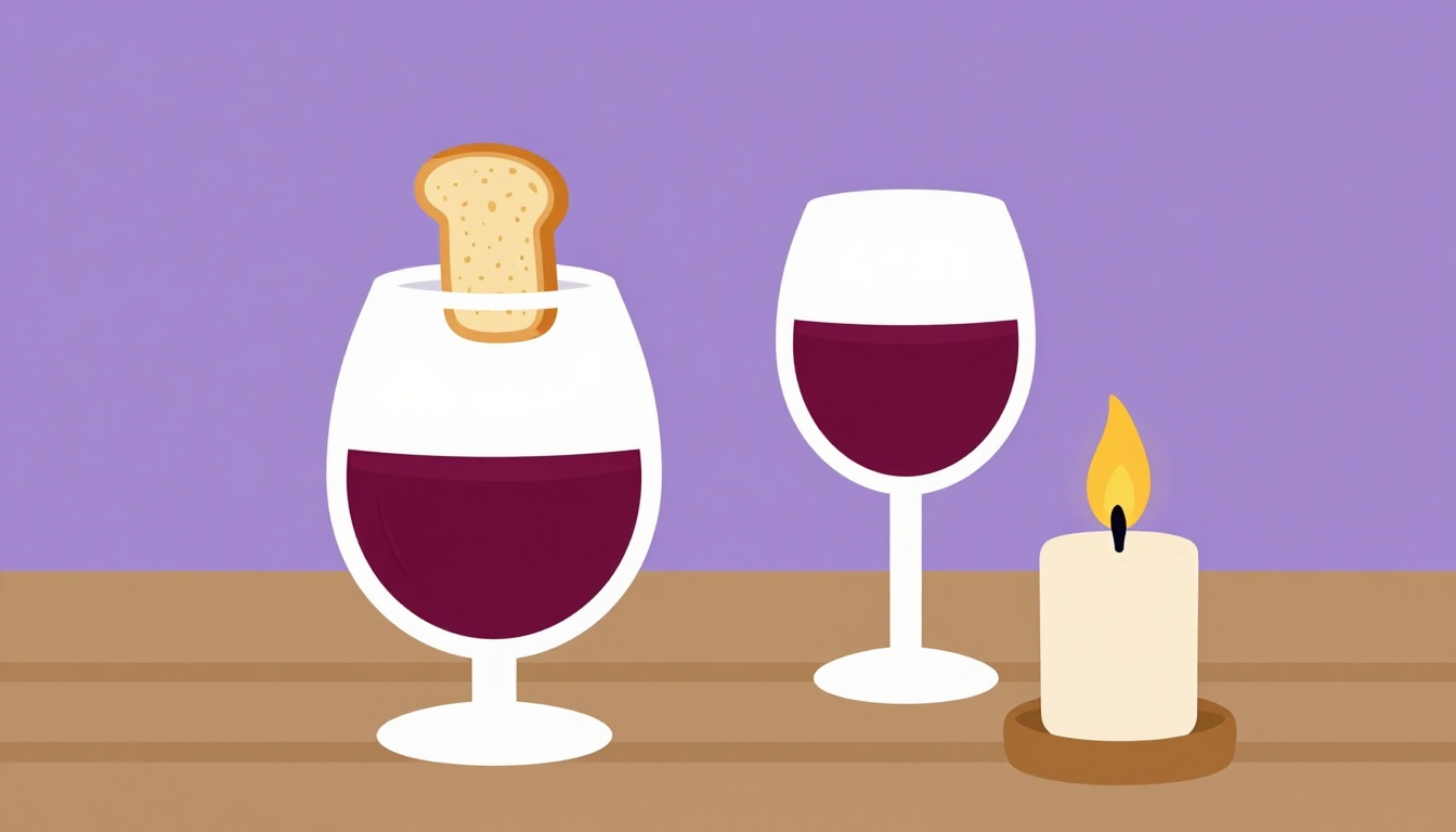 Taça de vinho tinto com uma fatia de pão torrado ao lado de uma vela, a origem da palavra toast