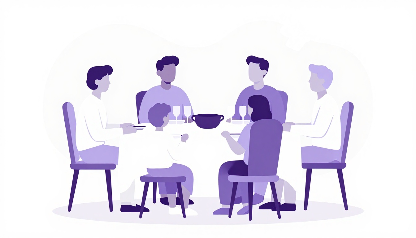 A warm family dinner table set with empty chairs waiting for everyone to arrive