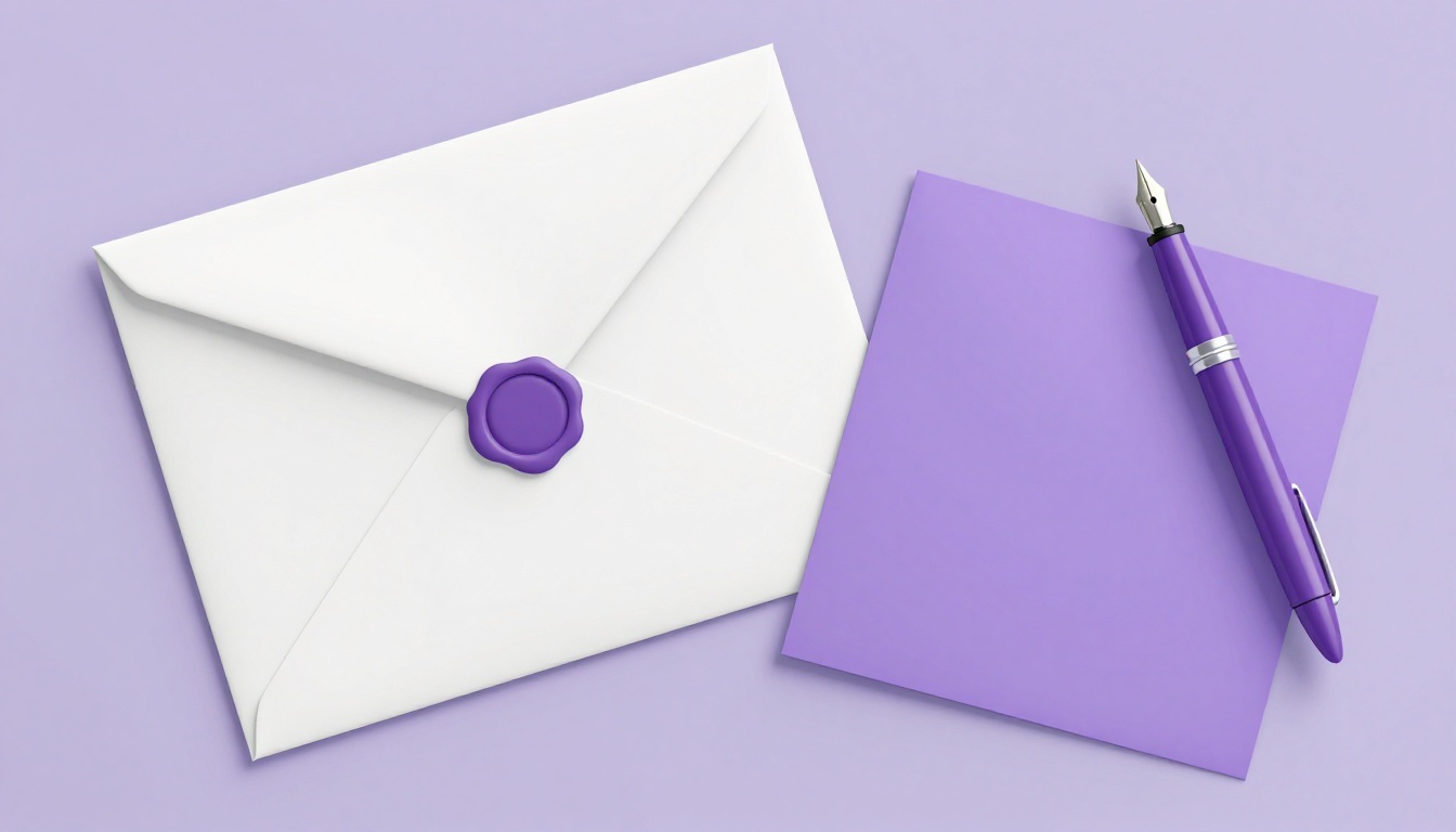 Envelope fechado com selo de cera, caneta-tinteiro e folha de papel sobre uma mesa organizada, ilustrando a estrutura de uma carta formal em inglês