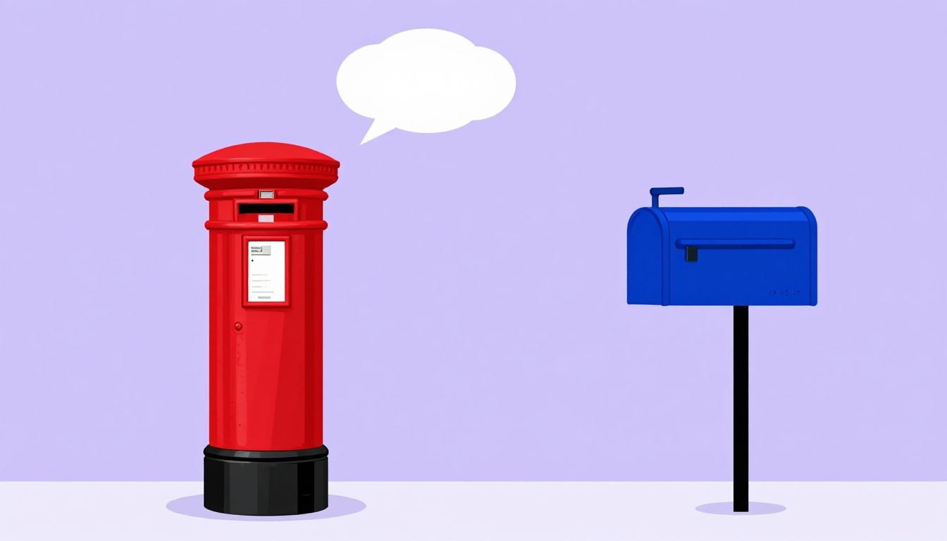 Caixa de correio vermelha britânica ao lado de uma caixa de correio azul americana, ilustrando as diferenças entre cartas do Reino Unido e dos Estados Unidos