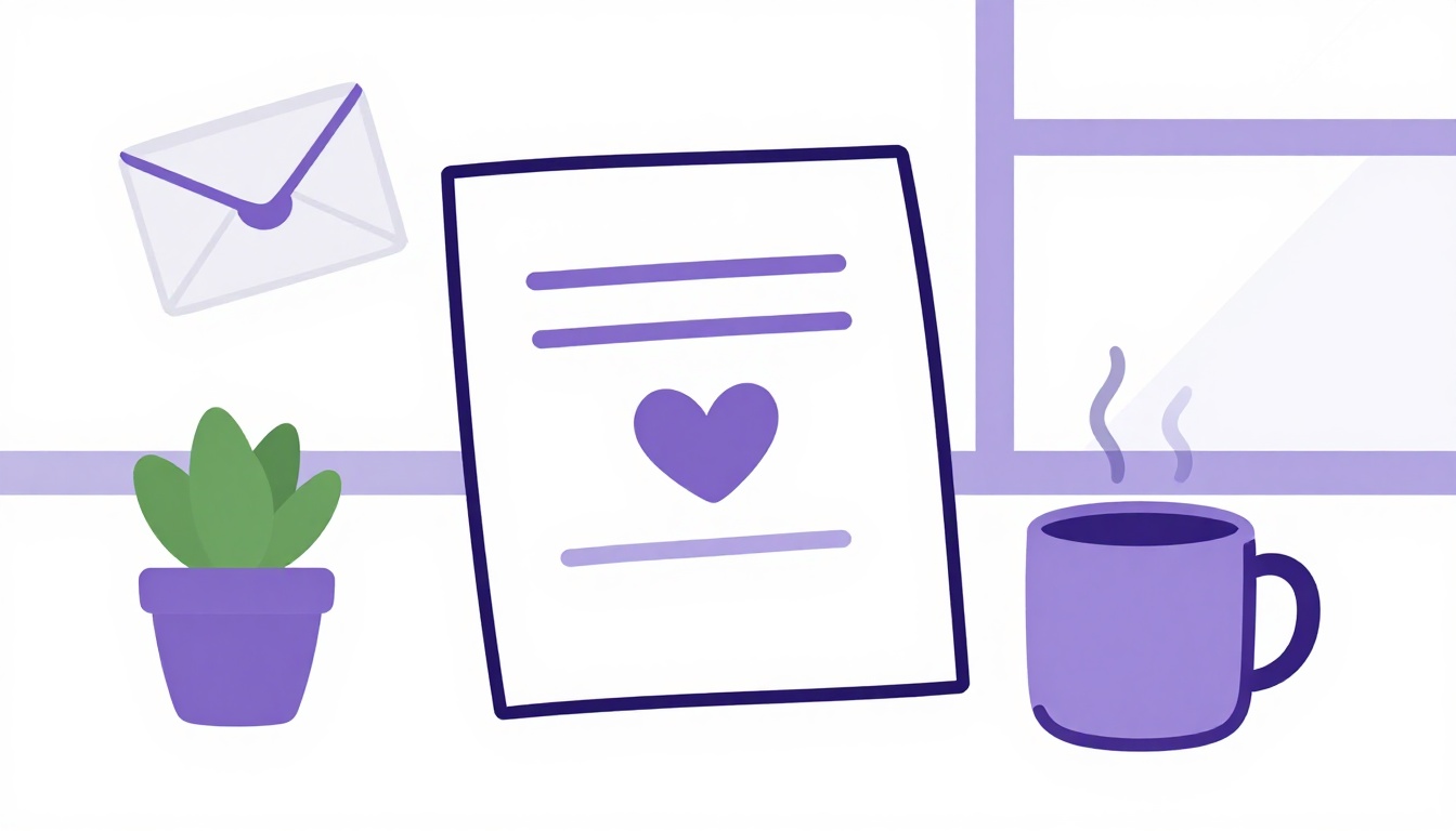 Escrivaninha aconchegante com carta escrita à mão, envelope com adesivo de coração, caneca fumegante e vaso de planta perto da janela, ilustrando uma carta informal em inglês