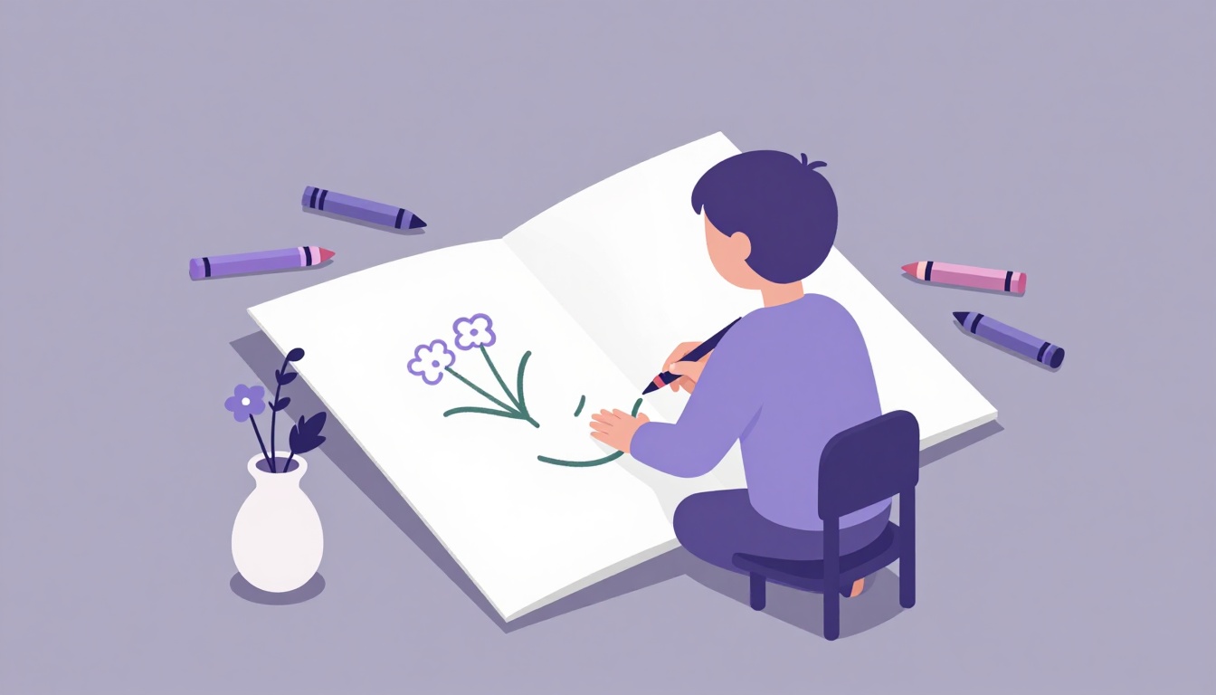 Criança sentada à mesa desenhando e escrevendo um cartão colorido de Dia das Mães