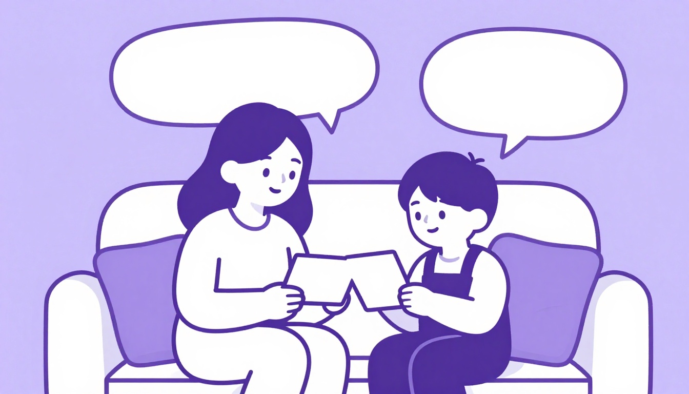 Mãe e filha lendo juntas um cartão de Dia das Mães em voz alta em um sofá