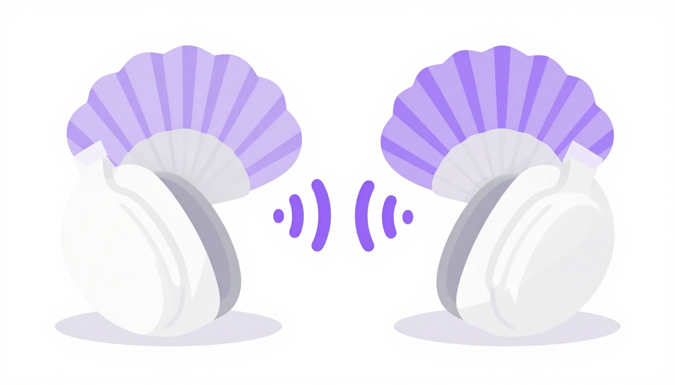 Sound waves between two headphones representing hearing and repeating the pronunciation of amêijoa