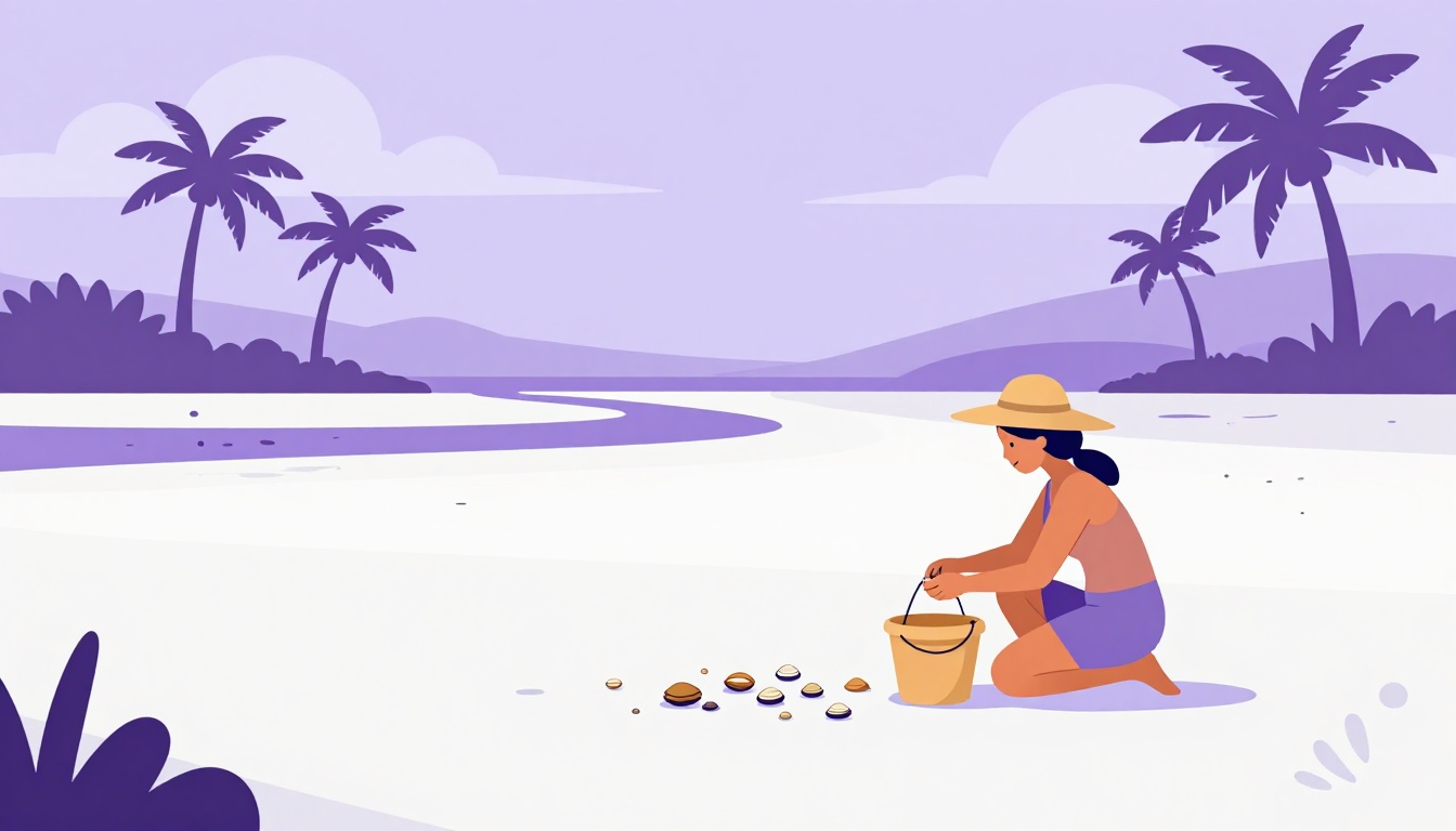 A sunny Brazilian tidal flat with a fisherwoman collecting small clams by hand at low tide