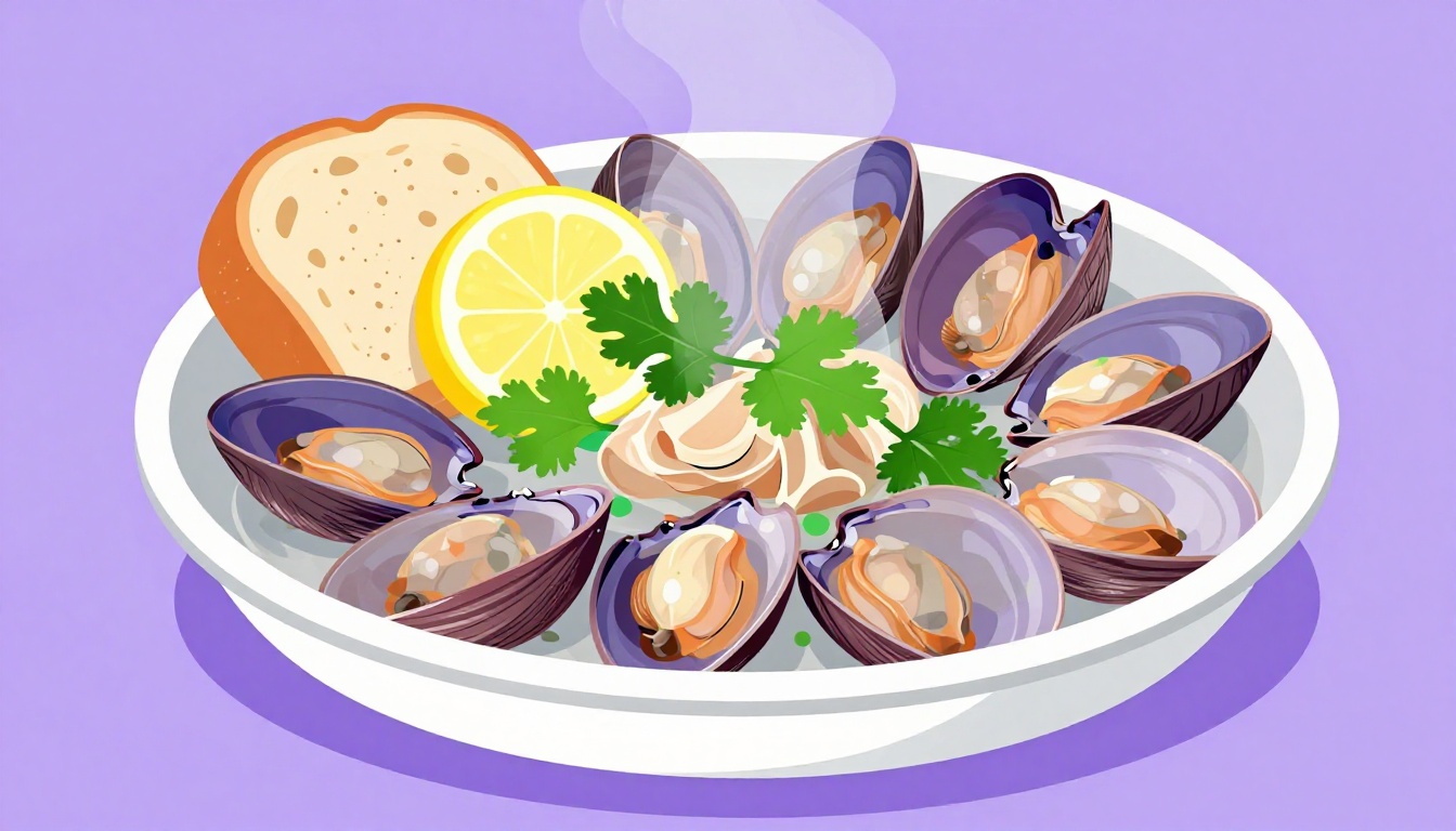 A wide pan of open clams with garlic, fresh coriander and lemon slices, ready to serve as amêijoas à Bulhão Pato