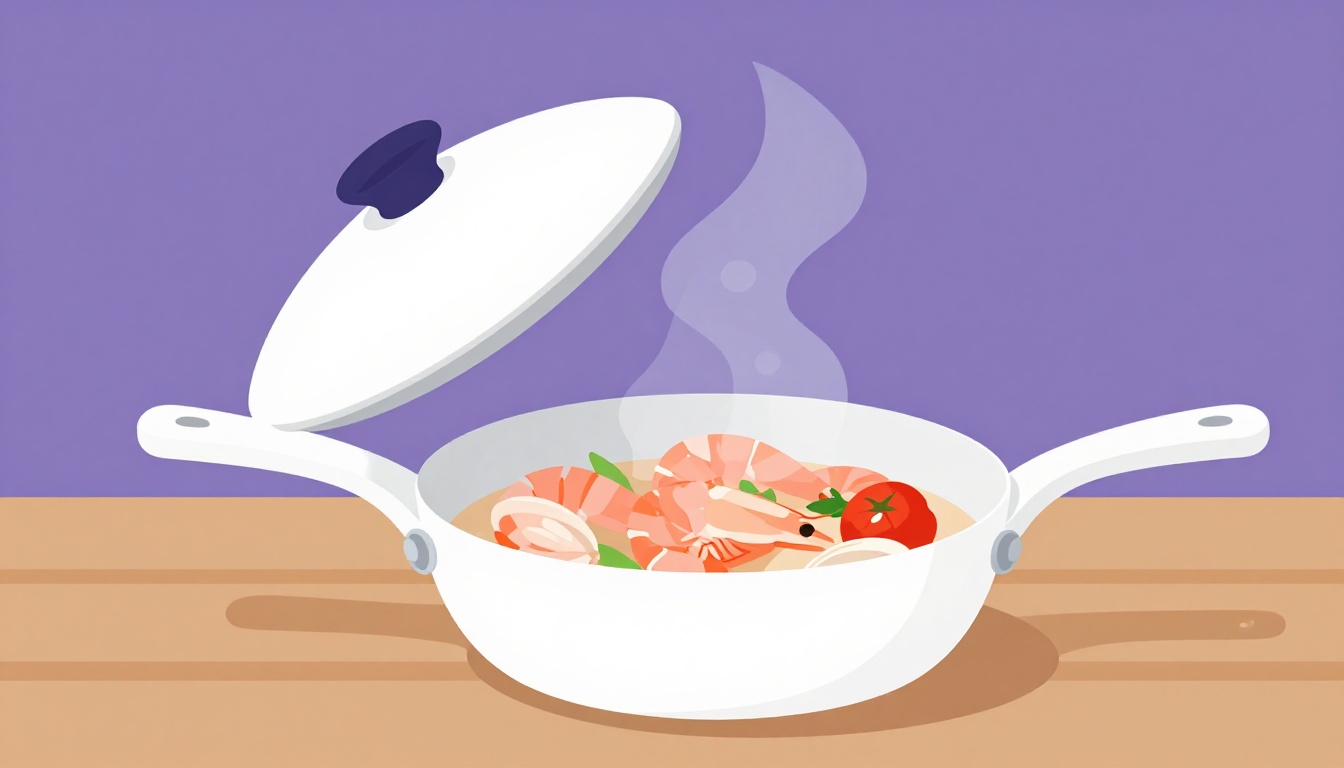 A seafood pan with its lid lifted, showing clams and prawns simmering the way amêijoas na cataplana are cooked