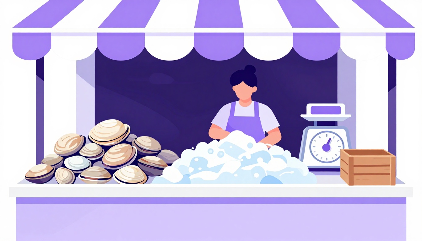 A busy fish market stall with fresh clams and other shellfish piled on ice