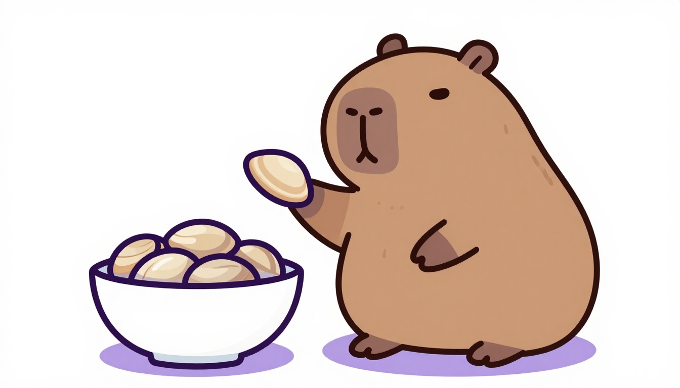 A calm capybara character holding up a clam shell beside a bowl of clams, a fun way to remember amêijoas