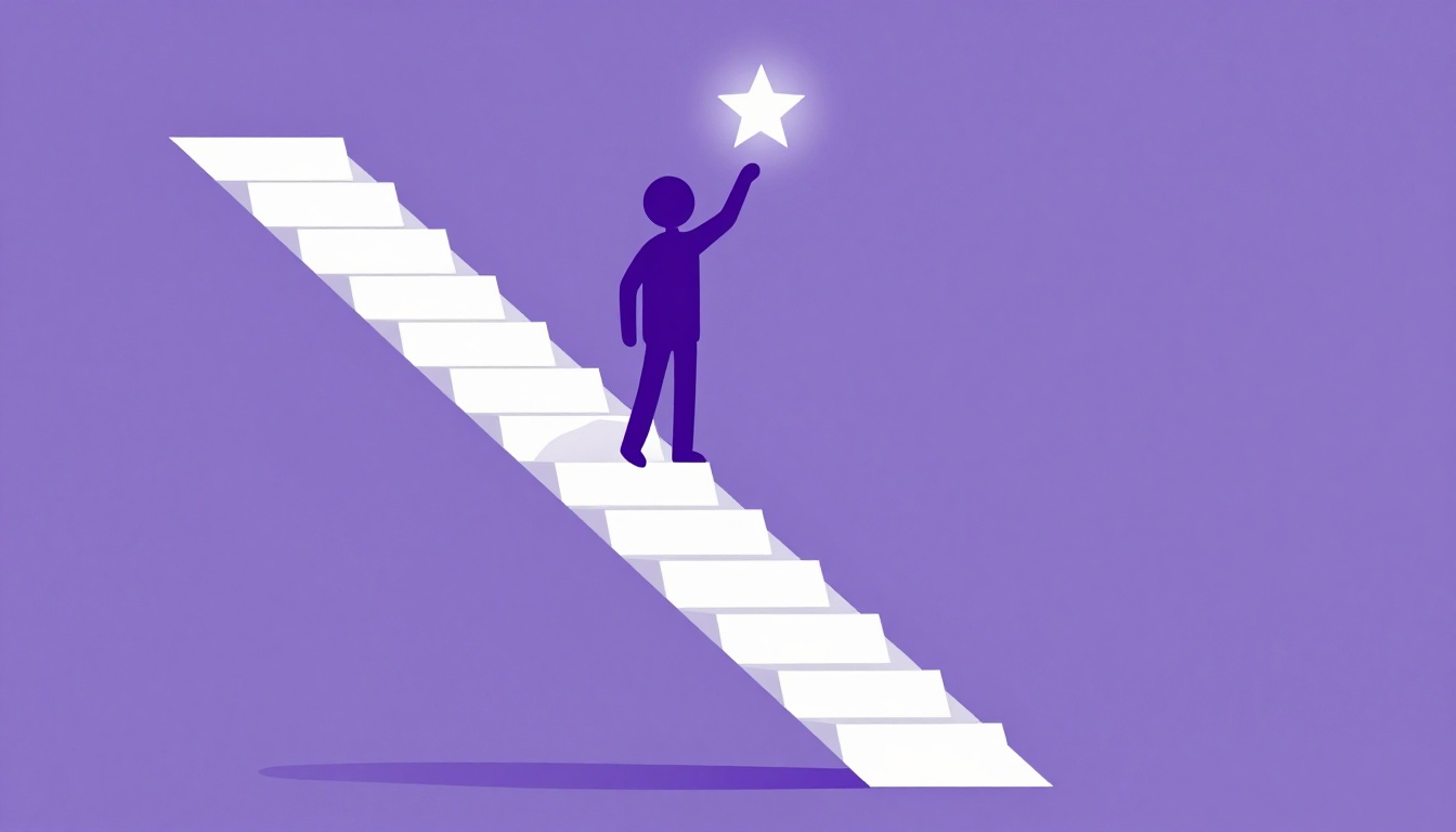 Escalera con una figura subiendo hacia una estrella, el progreso por los niveles de inglés A1 a C2