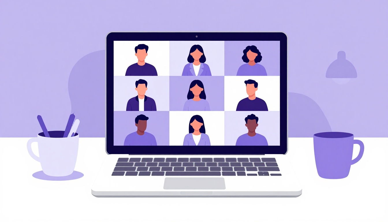 Una pantalla de videollamada de trabajo mostrando varios participantes en una reunión virtual