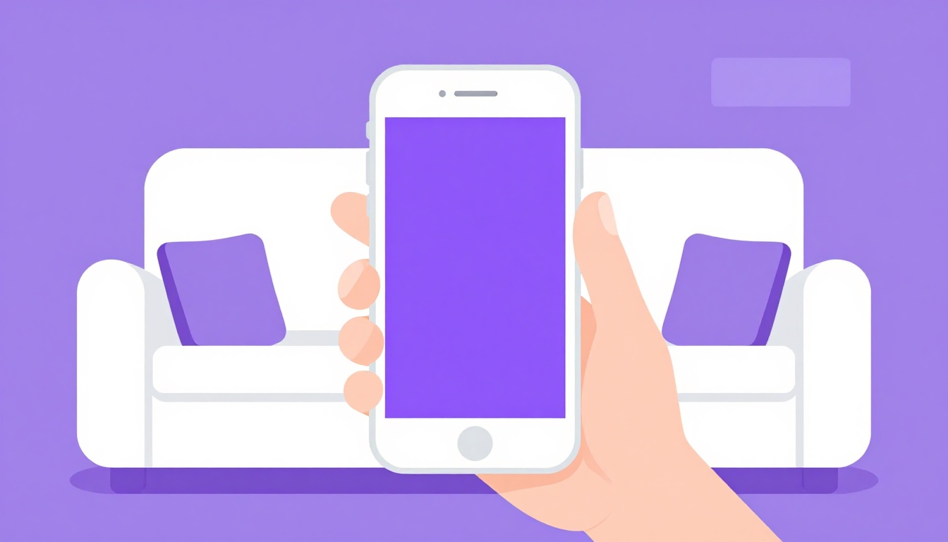Una mano sosteniendo un teléfono móvil con una app de idiomas abierta, sentado en un sofá de sala de estar