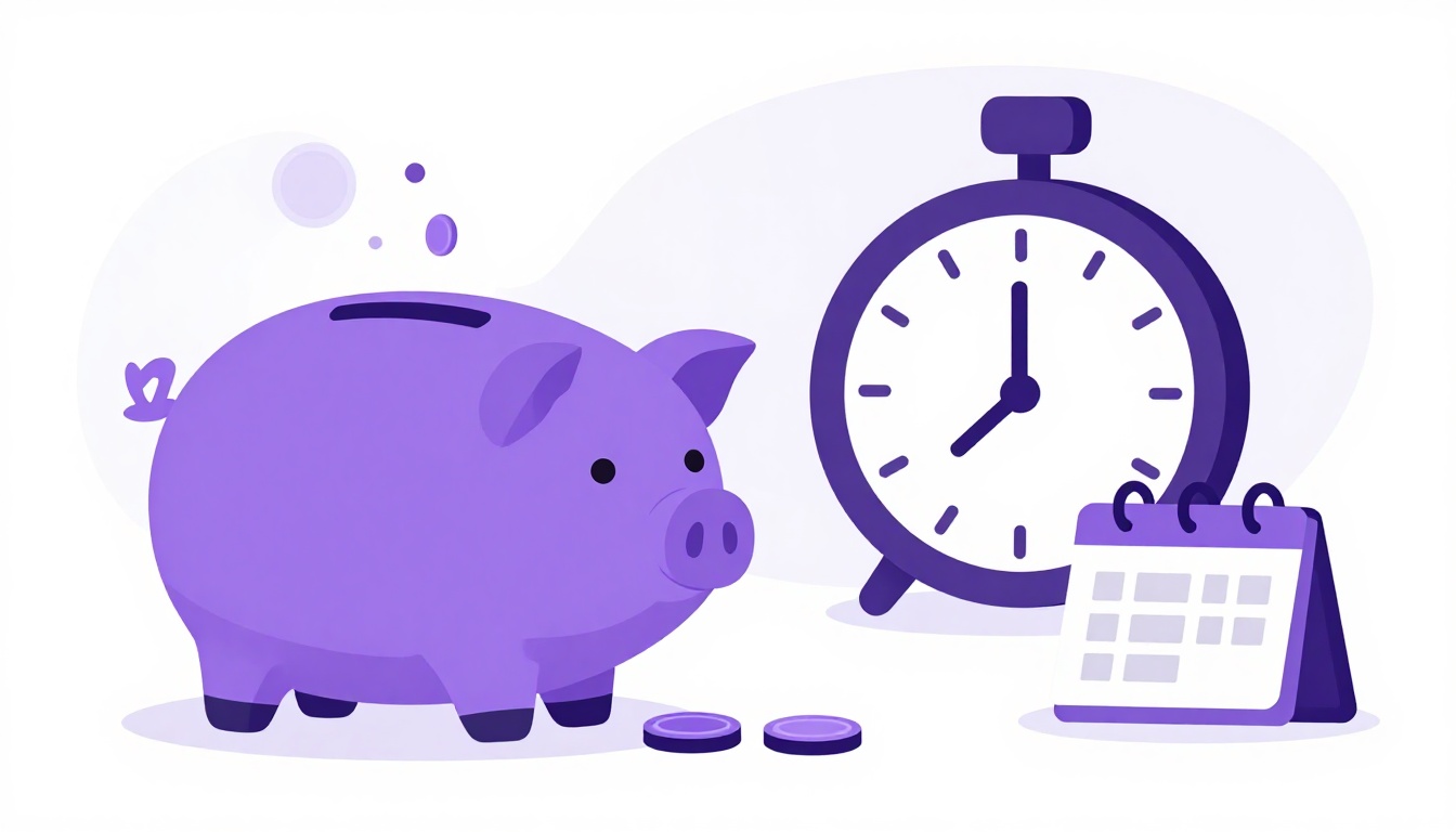 Una hucha morada con monedas junto a un reloj y un calendario para calcular el precio de las clases particulares de inglés