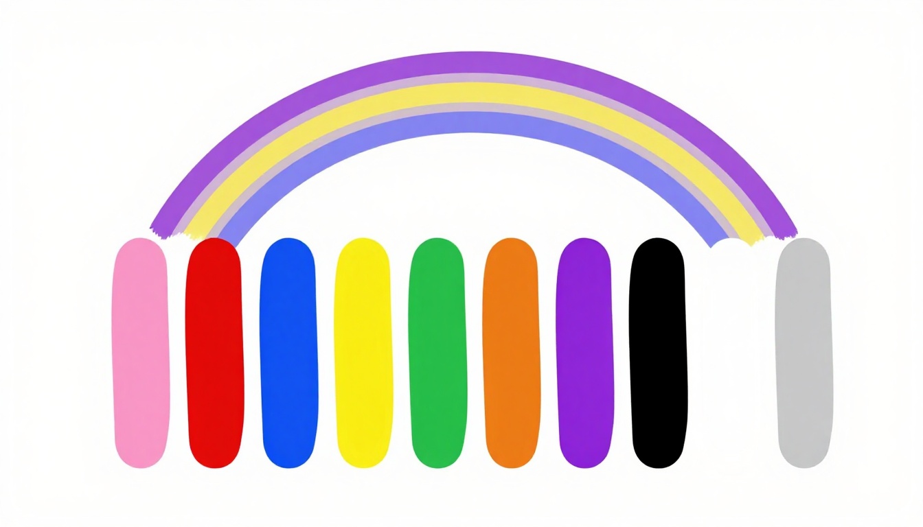 Arcoíris sobre una fila de muestras de pintura con los colores básicos
