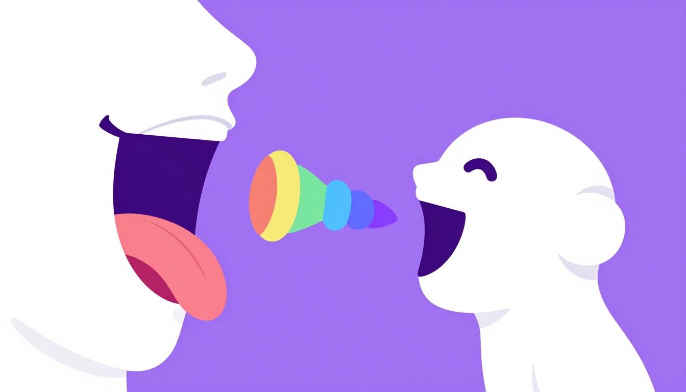 Boca abierta con ondas de sonido de colores que representan la pronunciación