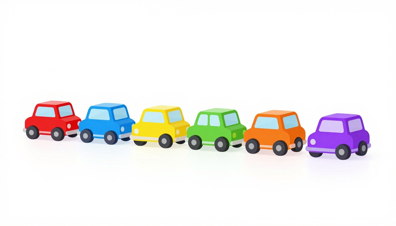 Fila de coches de juguete de distintos colores