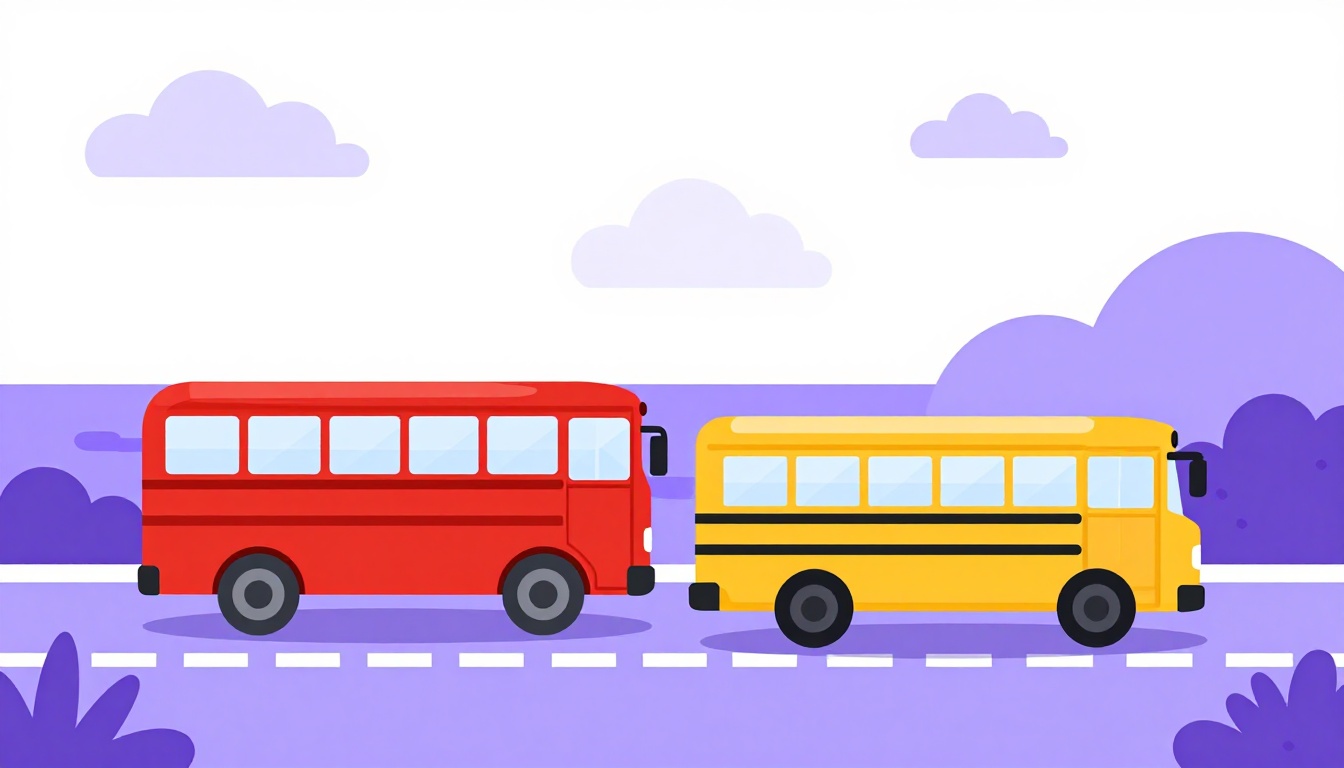 Autobús rojo de dos pisos y autobús escolar amarillo lado a lado