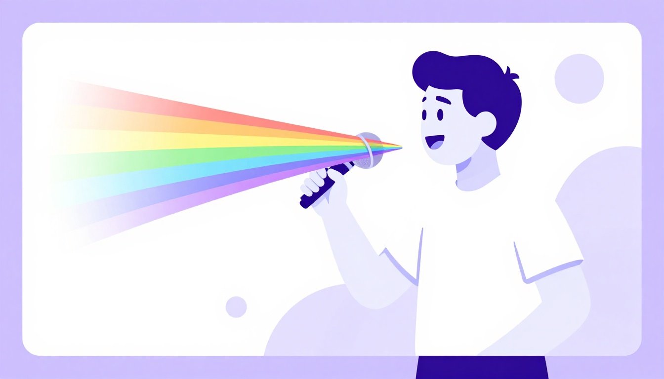 Persona hablando a un micrófono con ondas de sonido de colores y una paleta de pintura