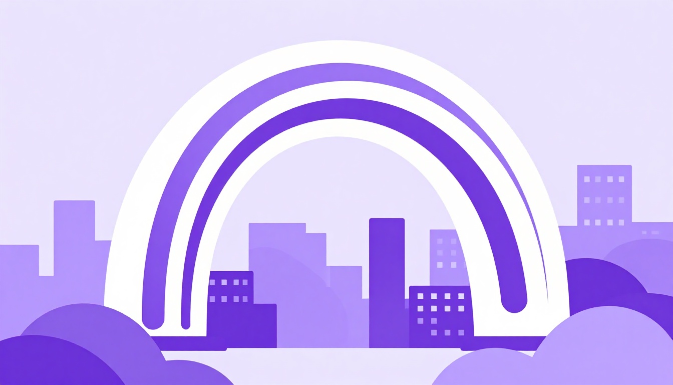 A rainbow arching over a city skyline, showing the full spectrum of colors