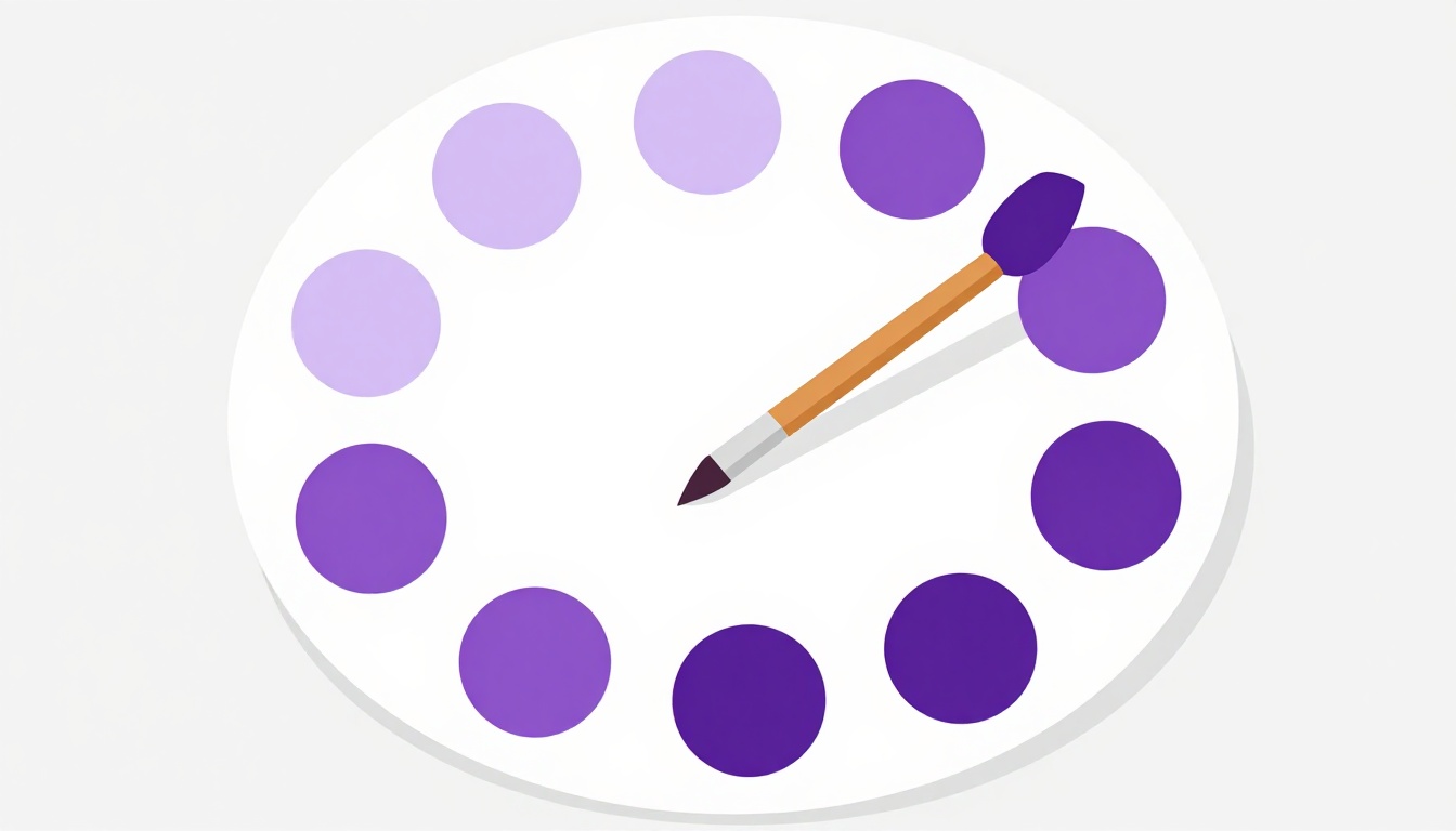 A round painter's palette with wells of colorful paint and a paintbrush resting across it