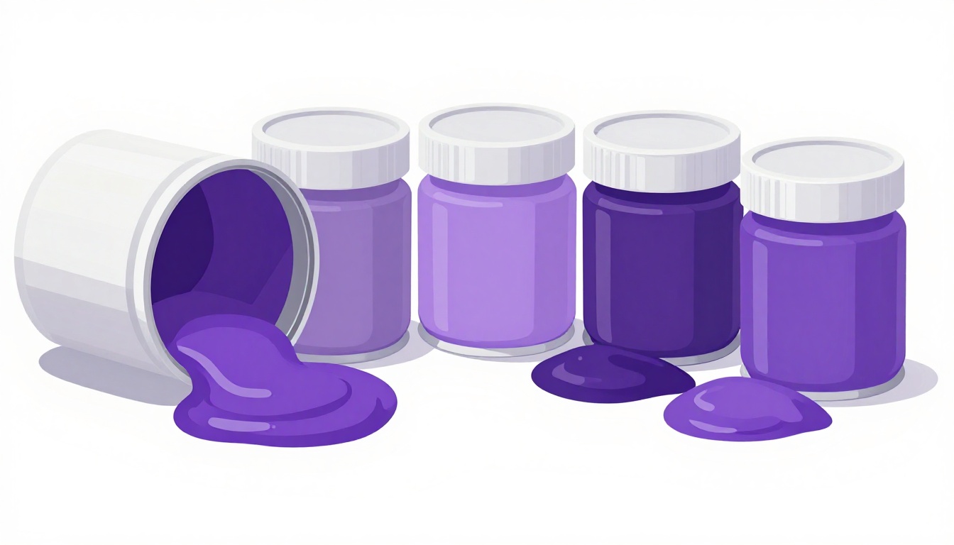 Paint cans in a row showing light and dark shades of purple