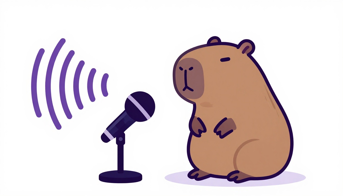 A capybara character speaking into a phone microphone with sound waves around it