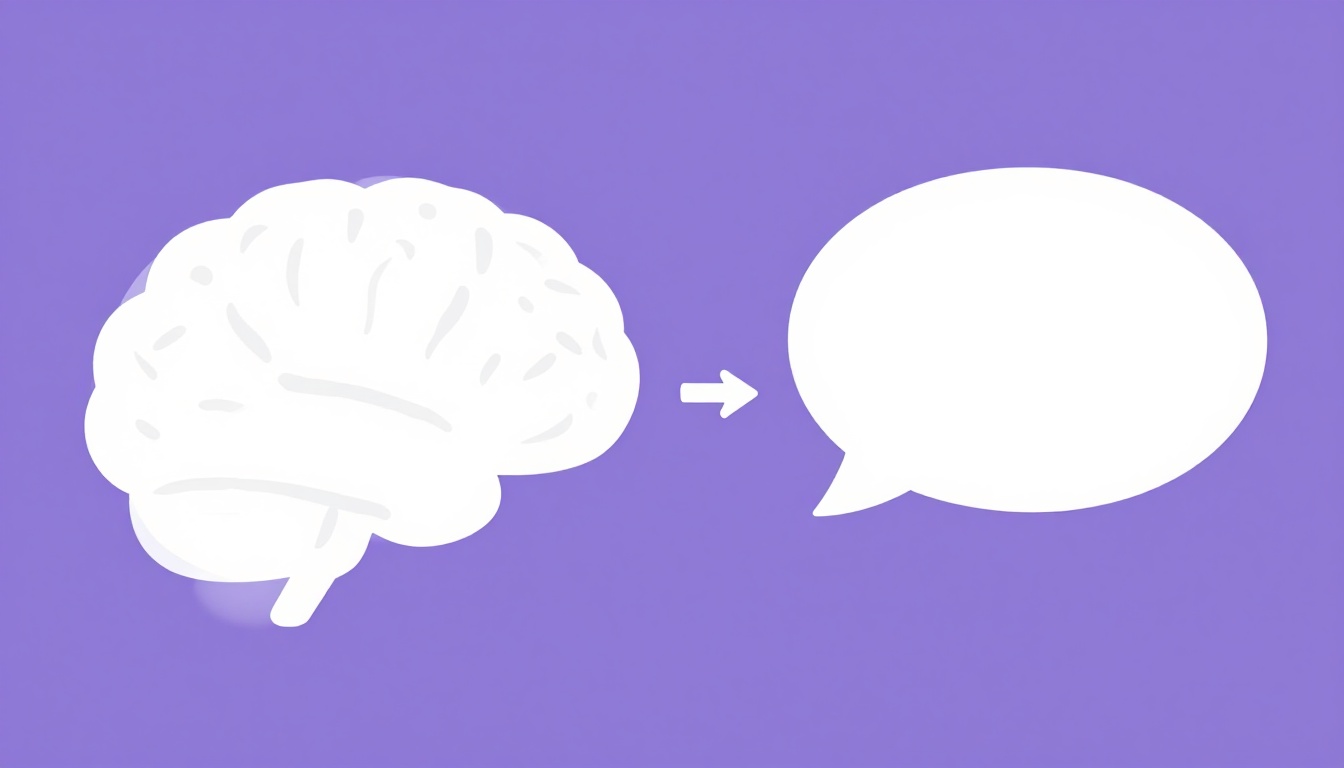 A brain shape with an arrow pointing to an empty speech bubble, thinking turning into speaking