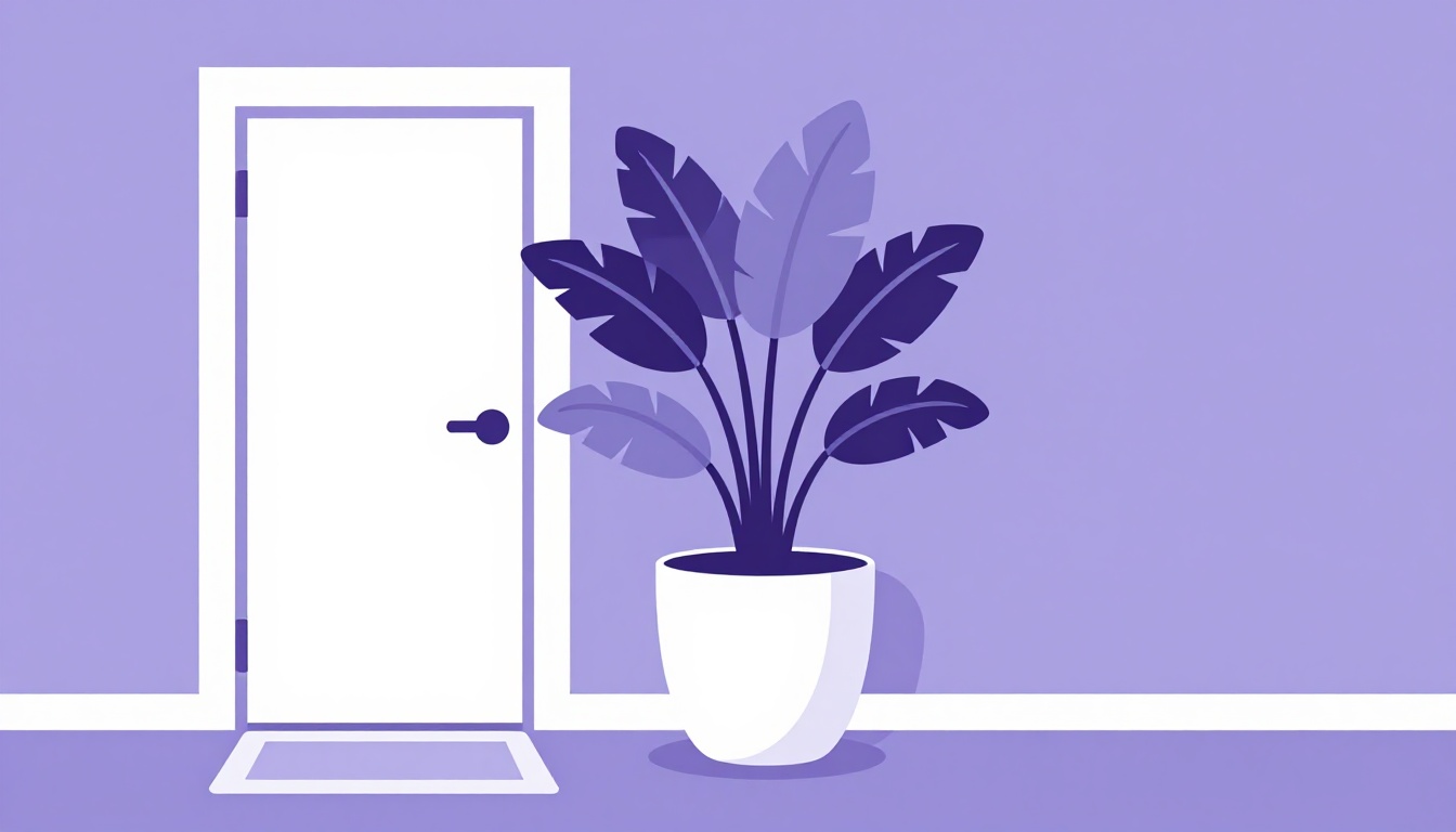 A leafy potted plant beside a front door, the Brazilian comigo ninguem pode