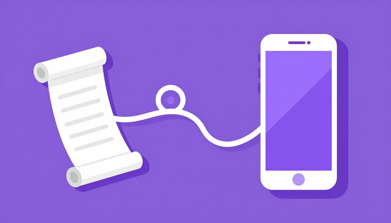 An ancient rolled scroll connected by a winding line to a modern smartphone