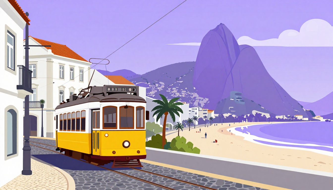 A Lisbon tram on one side and a Rio beach on the other, showing Portugal and Brazil