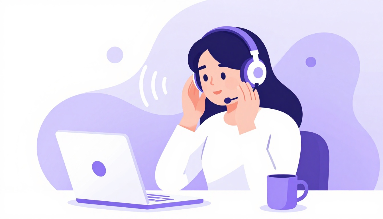 A learner with headphones and a microphone practicing Portuguese out loud